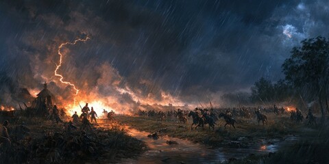 Wall Mural - Rainy battle scene with lightning and fire.