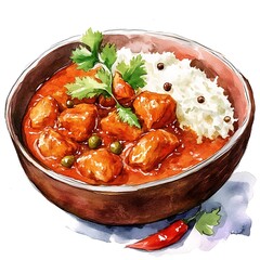 Canvas Print - Watercolor Illustration of a Delicious Bowl of Chicken Curry with Rice.