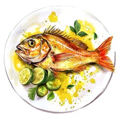 Canvas Print - Watercolor Illustration of a Roasted Fish with Limes and Herbs on a White Plate.