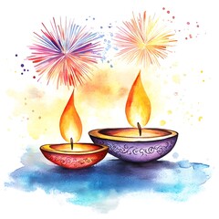 Sticker - Watercolor illustration of two diyas with colorful fireworks in the background.