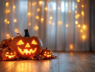 Wall Mural - Festive Decor with Pumpkins and Illuminated Jack o Lanterns on Hardwood Surface