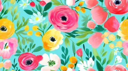 floral watercolor paint brushstroke red flower seamless pattern on turquoise soft green blue background meadow