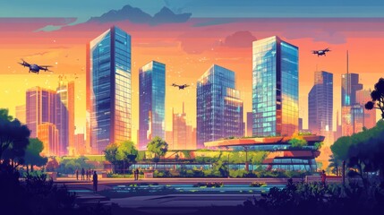 Poster - Futuristic cityscape at sunset with modern buildings and drones.