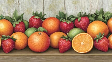 Sticker - A vibrant display of oranges, limes, and strawberries on a wooden shelf.