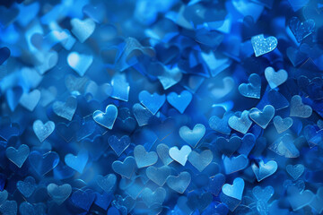 Colorful background of glittery heart shapes various colors. Valentine's Day backdrop. bright array of blue hearts on abstract background. Festive wallpaper for birthday, wedding design.