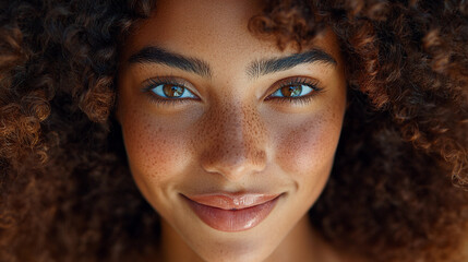 A woman with brown hair and a smile on her face. She has a light brown spot on her nose