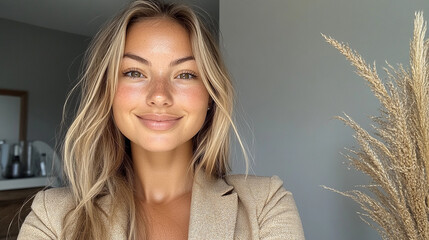 Wall Mural - A woman with blonde hair and a tan jacket is smiling for the camera. She is wearing a necklace and has a tanish complexion