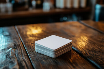 Wall Mural - Empty beer coasters mockup on wooden table. Top view of beer coasters set. Blurred bar background.