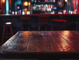 Wall Mural - Empty wooden table in foreground. Blurred background of bar. Empty space for drink or design.