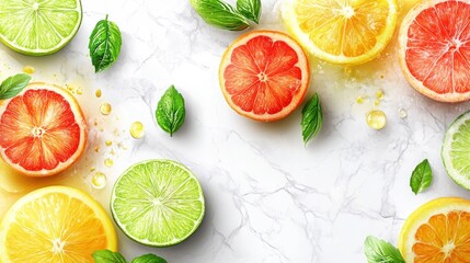 Sticker - A vibrant arrangement of citrus fruits and mint leaves on a marble background.