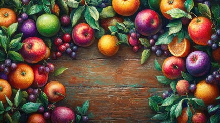 Wall Mural - A vibrant arrangement of various fruits surrounded by green leaves on a wooden background.