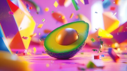 Canvas Print - A vibrant avocado half surrounded by colorful geometric shapes and confetti.