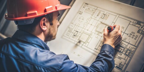 Safety engineer planning secure installations for fire alarm systems with blueprint, professional copy space






