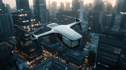 Canvas Print - A drone with four rotors flying over a cityscape during twilight, showcasing an urban environment with tall buildings and illuminated windows.