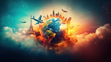 Poster - A surreal depiction of the Earth surrounded by iconic landmarks and airplanes, symbolizing travel.