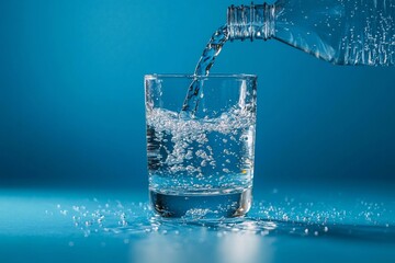 
Shot of water pouring into a glass from a bottle on a blue background, leaving space for text.