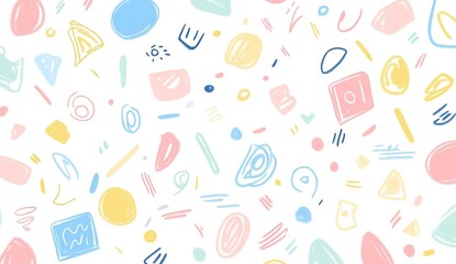 Abstract doodle objects and hand-drawn shapes. Scribble crayon playful naive shapes—doodle charcoal texture. A playful and vibrant pattern featuring colorful doodles.	