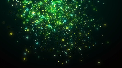 Fototapete - Green dust particles with bokeh effect. Abstract background of particles. Cosmic galaxy illustration. 3d rendering.
