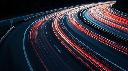 Sticker - Long exposure shot of a curved highway at night with red and white light trails from passing vehicles, creating a dynamic and abstract effect.