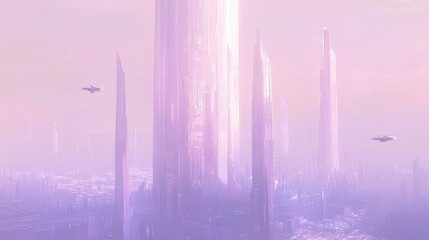 Sticker - A futuristic cityscape with towering structures and flying vehicles in a dreamy atmosphere.