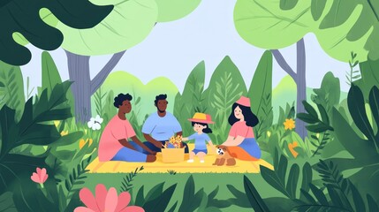 Canvas Print - A family enjoys a picnic in a lush green setting, surrounded by nature and vibrant plants.