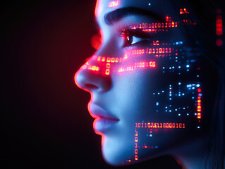 Wall Mural - A side profile of a face with vivid red and blue binary code light patterns, representing the fusion of technology and humanity.