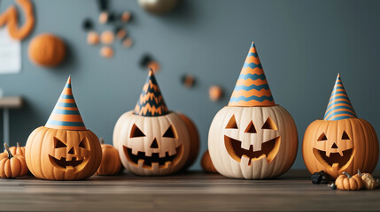 Wall Mural - Four carved pumpkins with jack-o'-lantern faces wearing party hats on a wooden surface, surrounded by small pumpkins and Halloween decorations in the background.