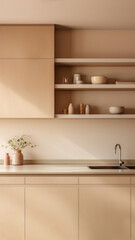 Canvas Print - photo of Japandi kitchen room interior with a cozy beige kitchen counter.  Image by rawpixel.