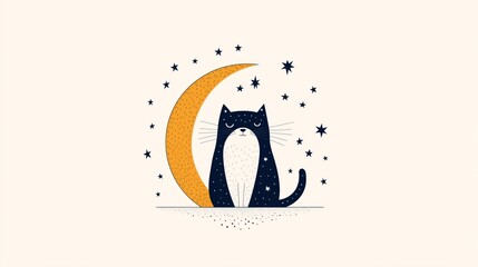 Wall Mural - illustration of a black cat sitting beside a crescent moon surrounded by stars on a light background