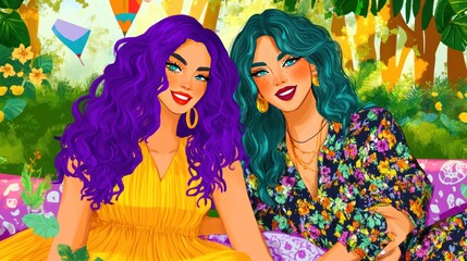 Canvas Print - Two women with vibrant hair colors smiling in a lush, colorful outdoor setting.