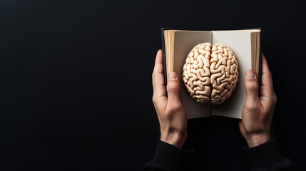 Wall Mural - Hands holding an open book with a model of a human brain embedded inside against a dark background, symbolizing knowledge and intelligence.