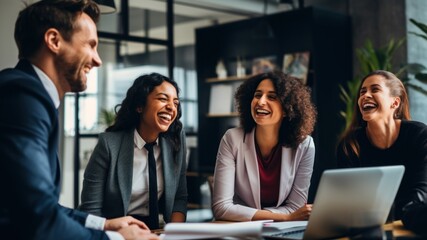 Poster - Photo of office workers laughing in the meeting room.