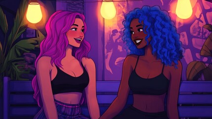 Wall Mural - Two friends with colorful hair share a joyful moment in a cozy, vibrant setting.