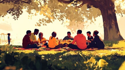 Wall Mural - A group of friends enjoying a picnic under a tree, sharing food and laughter.