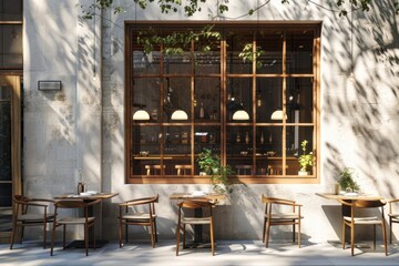 Wall Mural - Restaurant window mockup cafeteria furniture indoors.