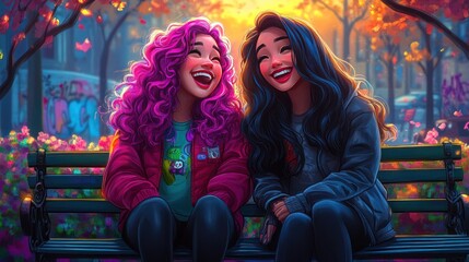 Sticker - Two friends laughing on a park bench surrounded by colorful autumn foliage.