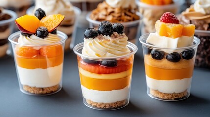 Canvas Print - Assorted layered desserts in clear cups, featuring layers of cream, fruit, and cake, topped with whipped cream, berries, and fruit slices.