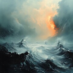 Wall Mural - Dramatic Seascape with Orange Sky and Clouds.