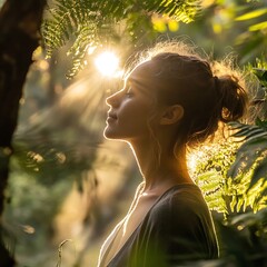 Canvas Print - Woman in the Sunlight with Closed Eyes in a Forest.