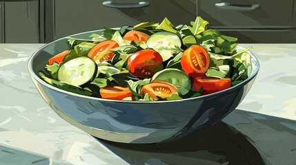 Sticker - A vibrant salad bowl filled with fresh greens, tomatoes, and cucumbers on a kitchen countertop.