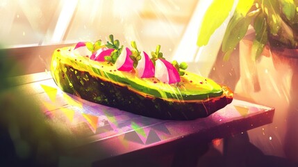 Poster - A vibrant avocado toast garnished with radishes, illuminated by soft sunlight.