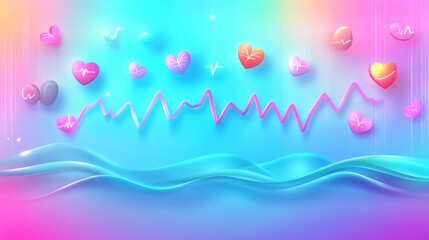 Wall Mural - A colorful, abstract design featuring hearts and a heartbeat line against a gradient background.