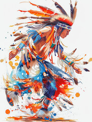 Native american man wearing traditional costume dancing with feathers