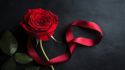 A single red rose with a red ribbon on a black background.