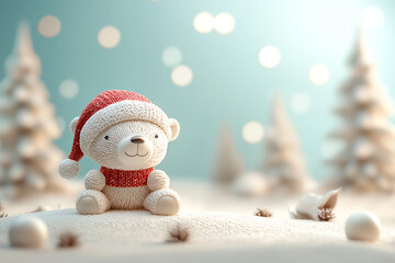 Cute polar bear cub in a Santa hat, festive winter scene, 3D illustration