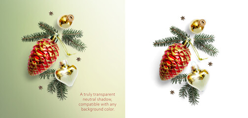 Wall Mural - art christmas composition on a transparent background with fir branches, toys, real transparent neut