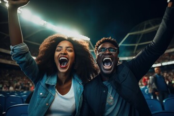 Wall Mural - Black couple cheering sport game shouting laughing stadium.