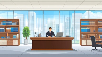 Poster - A businessman sits at a desk in a modern office with a cityscape view.