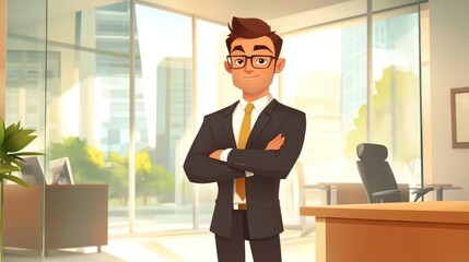 Poster - A confident businessman stands in a modern office, showcasing professionalism and success.