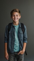 smiling teen boy with short brown hair in denim jacket, wearing casual attire